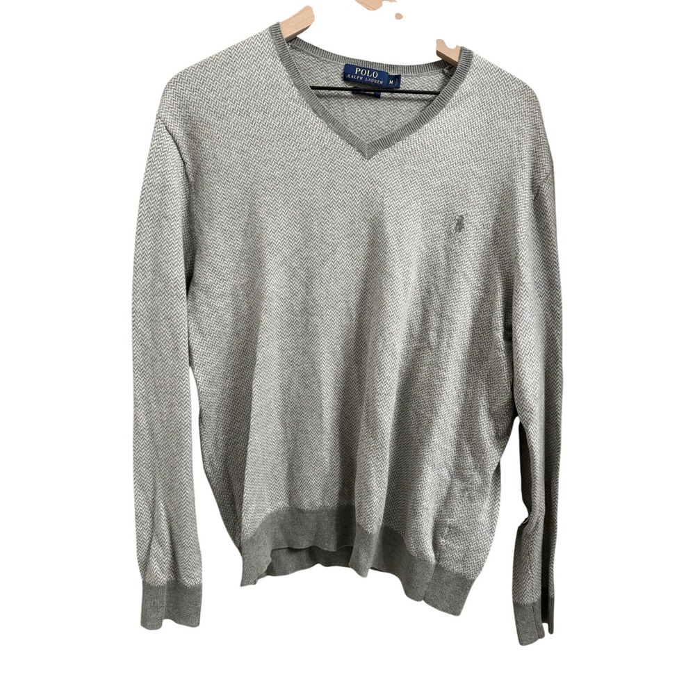 Polo Ralph Lauren Pima Cotton V- Neck Sweater Men's Medium Gray Long Sleeve